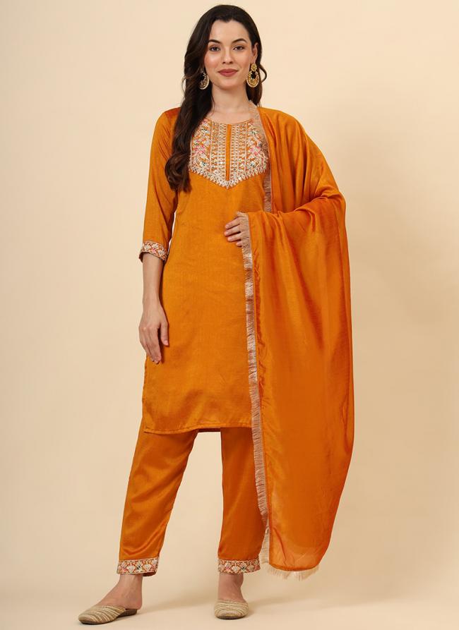 Vichitra Silk Orange Traditional Wear Embroidery Work Readymade Kurti Set